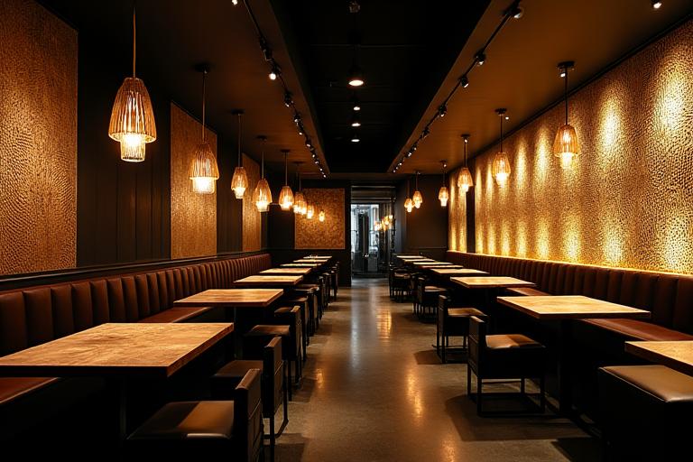 爬虫類のアートワークが施されたYamata Burgerのシックで暗い店内インテリア